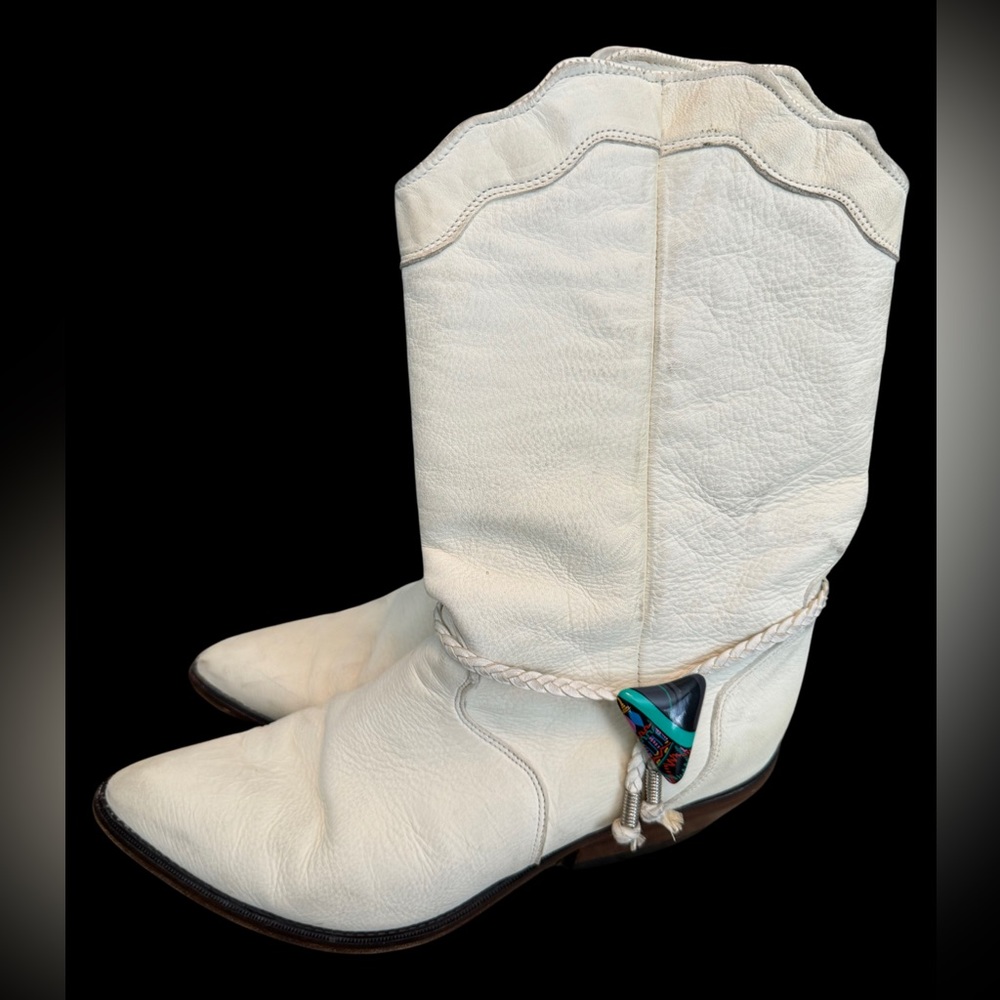 Zodiac White Cowboy Boots. Real Leather Native American themed